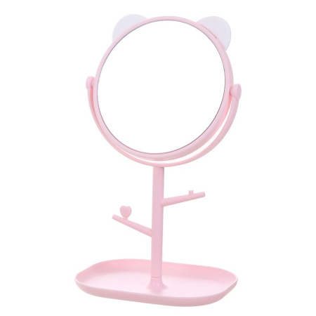 Oglinga Cosmetica - Oglina Cosmetica cu Picior, Flippy, HD, Rotire 360 Grade, 15 cm Diametru, Suport Bijuterii Baza + 2 Brate pentru Accesorii, Model cu Urechi Albe de Ursulet, 30 x 16.5 x 15 cm, Roz