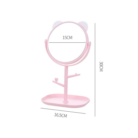 Oglina Cosmetica cu Picior, Flippy, HD, Rotire 360 Grade, 15 cm Diametru, Suport Bijuterii Baza + 2 Brate pentru Accesorii, Model cu Urechi Albe de Ursulet, 30 x 16.5 x 15 cm, Roz [4]