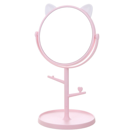 Oglinga Cosmetica - Oglina Cosmetica cu Picior, Flippy, HD, Rotire 360 Grade, 15 cm Diametru, Suport Bijuterii Baza Rotunda + 2 Brate pentru Accesorii, Model cu Urechi Albe de Ursulet, 31 x 14.5 x 15 cm, din Plastic, Roz