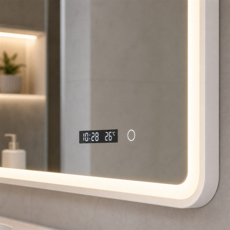 Oglinda LED Baie WAMOSK, Korman, 60 x 80 cm, Lumina 3000K/4000K/6000K, Dezaburire, Ceas, Termometru si Senzor, Rama Metalica Alba [4]