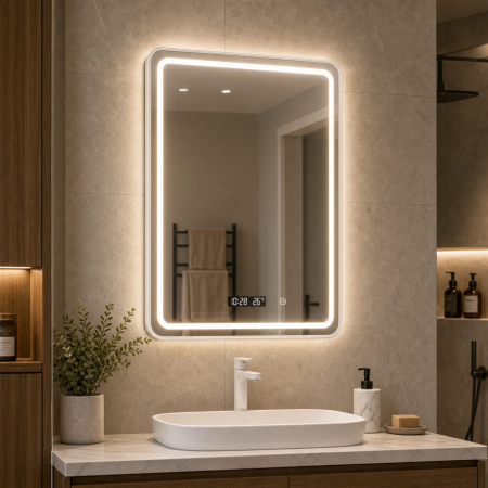 Oglinda LED Baie WAMOSK, Korman, 60 x 80 cm, Lumina 3000K/4000K/6000K, Dezaburire, Ceas, Termometru si Senzor, Rama Metalica Alba [5]