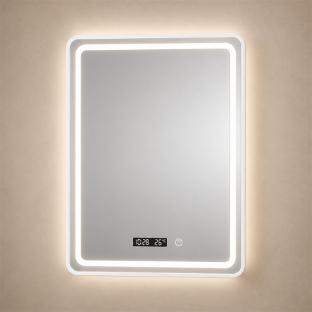 Oglinda LED Baie WAMOSK, Korman, 60 x 80 cm, Lumina 3000K/4000K/6000K, Dezaburire, Ceas, Termometru si Senzor, Rama Metalica Alba [3]