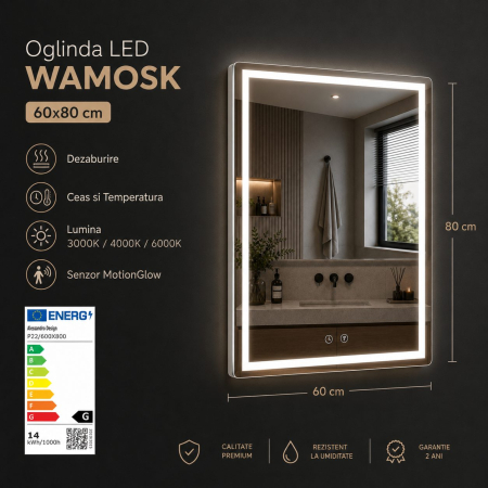 Oglinda LED Baie WAMOSK, Korman, 60 x 80 cm, Lumina 3000K/4000K/6000K, Dezaburire, Ceas, Termometru si Senzor, Rama Metalica Alba [1]