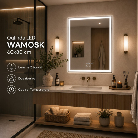 Oglinda LED Baie WAMOSK, Korman, 60 x 80 cm, Lumina 3000K/4000K/6000K, Dezaburire, Ceas, Termometru si Senzor, Rama Metalica Alba [2]