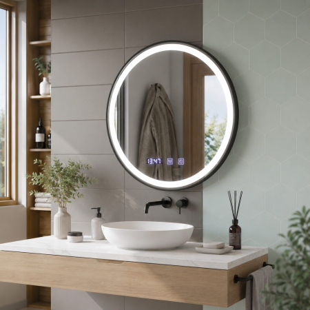 Articole Pentru Baie - Oglinda LED NOVARA, Flippy, Touch, Sistem Dezaburire, Ceas si Temperatura, Diametru 80 cm, Rama Negru Brushed