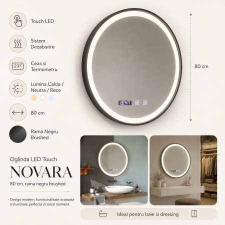 Oglinda LED NOVARA, Flippy, Touch, Sistem Dezaburire, Ceas si Temperatura, Diametru 80 cm, Rama Negru Brushed [3]