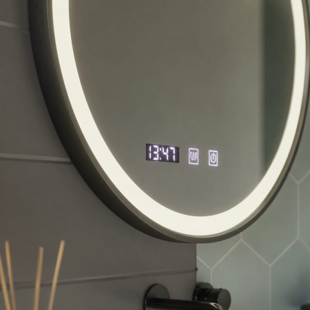 Oglinda LED NOVARA, Flippy, Touch, Sistem Dezaburire, Ceas si Temperatura, Diametru 80 cm, Rama Negru Brushed [5]