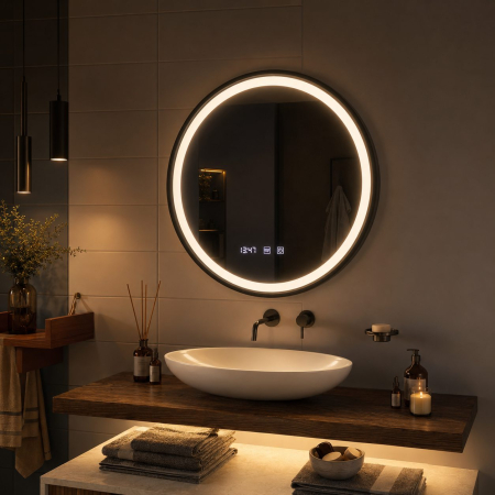 Articole Pentru Baie - Oglinda LED Touch NOVARA Sistem Dezaburire, Ceas si Temperatura 60 cm Rama Negru Brushed