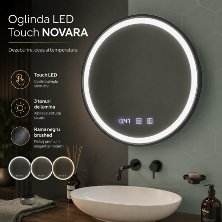 Oglinda LED Touch NOVARA Sistem Dezaburire, Ceas si Temperatura 70 cm Rama Negru Brushed [1]