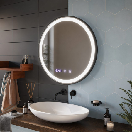 Articole Pentru Baie - Oglinda LED Touch NOVARA Sistem Dezaburire, Ceas si Temperatura 70 cm Rama Negru Brushed