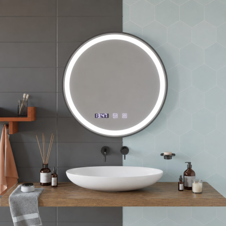 Oglinda LED Touch NOVARA Sistem Dezaburire, Ceas si Temperatura 70 cm Rama Negru Brushed [2]