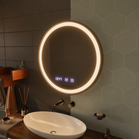 Oglinda LED Touch NOVARA Sistem Dezaburire, Ceas si Temperatura 70 cm Rama Negru Brushed [3]