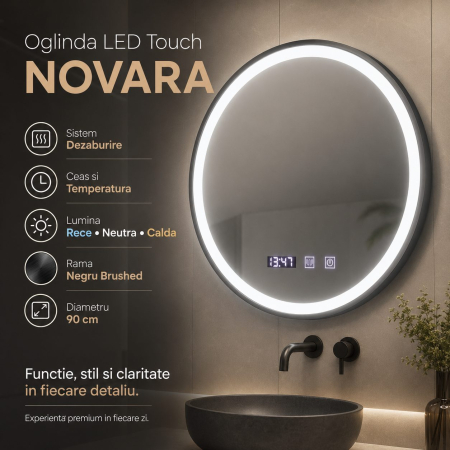 Oglinda LED Touch NOVARA Sistem Dezaburire, Ceas si Temperatura 90 cm Rama Negru Brushed [1]