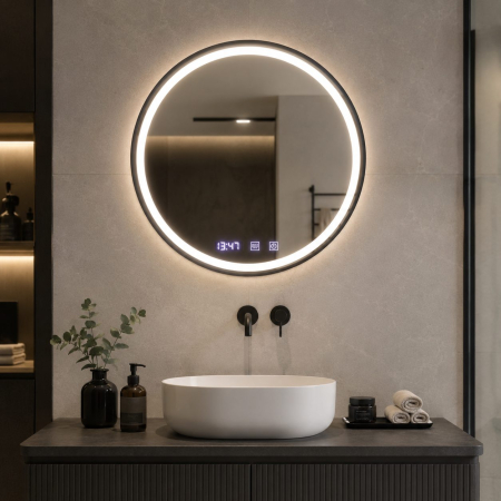 Articole Pentru Baie - Oglinda LED Touch NOVARA Sistem Dezaburire, Ceas si Temperatura 90 cm Rama Negru Brushed
