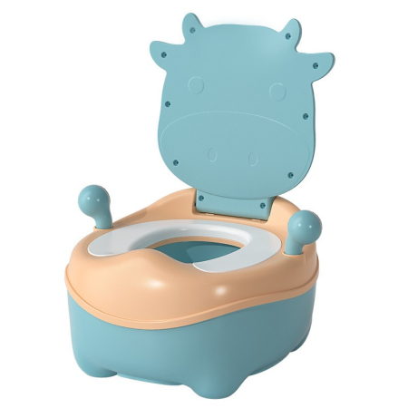 Articole Pentru Baie - Olita pentru Copii, Flippy, +1an, Portabila, Model Vacuta, cu Capac, Prietenoasa, Non-Toxic, Compartiment Detasabil, cu Manere, cu 4 Picioare, Usor de Curatat, Albastru