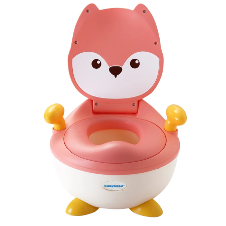 Articole Pentru Baie - Olita pentru Copii, Flippy, +6 luni, Compartiment Detasabil, cu Capac, Antiderapanta, din Plastic, Colac Moale, Model Animat Vulpe, cu Maner, 34.5 x 35 x 23 cm, Roz/Alb