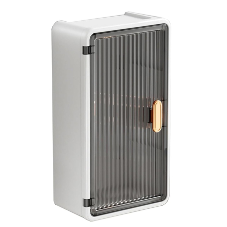 Articole Pentru Baie - Organizator Cosmetice, Flippy, Montare pe Perete fara Perforare, 36.5x10.9x20 cm, din PP si ABS, Alb-Negru, Usa Transparenta