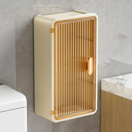 Organizator Cosmetice, Flippy, Montare pe Perete fara Perforare, 36.5x10.9x20 cm, din PP si ABS, Bej, Usa Transparenta [5]
