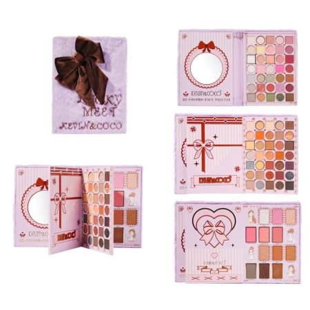 Cosmetice - Paleta de Machiaj Tip Carte KEVIN & COCO , Model Purple Plush Bow Palette, 82 Culori, Trusa Completa pentru Ochi si Fata, Farduri, Blush, Iluminator si Contur, Design Catifelat cu Fundita, 22.8 x 17.4