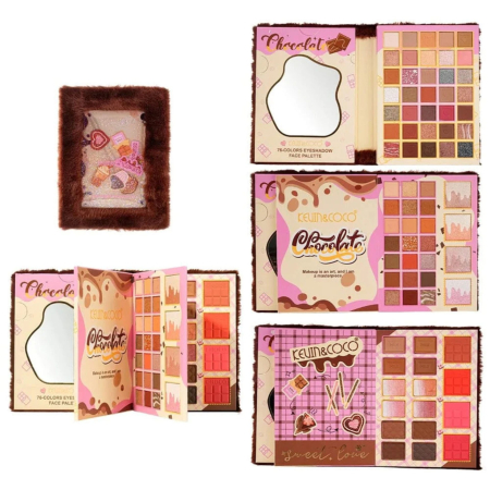 Cosmetice - Paleta Machiaj Profesionala KEVIN & COCO Chocolate Fuzzy Collection, 76 Culori, Trusa Completa pentru Ochi si Fata, Farduri Mate si Sidefate, Blush, Iluminator si Contur, cu Oglinda, Pigmentare Intens