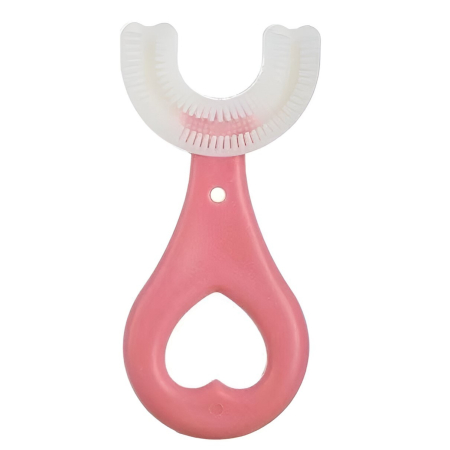 Articole Pentru Baie - Periuta de Dinti in Forma de U, Flippy, pentru Sugari si Copii 2-6 ani, Peri Moi, 9 cm, Model Inima, Culoare Roz