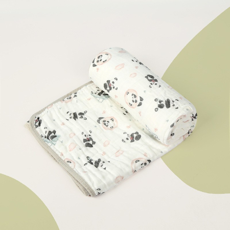 Articole Pentru Baie - Prosop de baie din bumbac si tifon pentru Bebelusi, Flippy, cu Sase Straturi, pentru Copii, 110x110 cm, Model Panda, Bej Verde