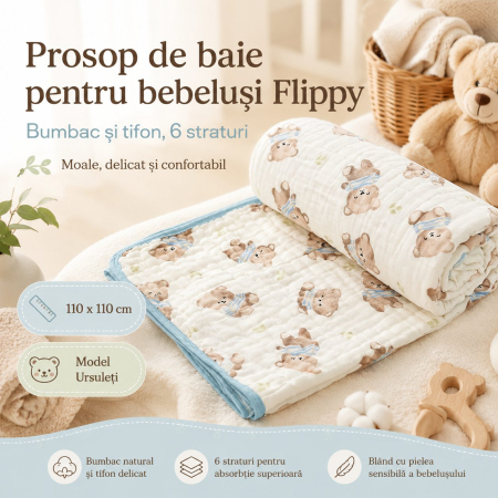 Prosop de baie din bumbac si tifon pentru Bebelusi, Flippy, cu Sase Straturi, pentru Copii, 110x110 cm, Model Ursuleti, Bej Albastru [2]