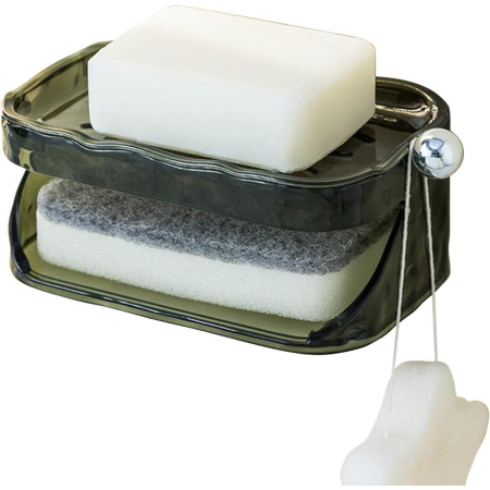 Savoniera Dubla, Flippy, 2 Straturi, Instalare fara Perforare, Agatatoare Burete, 13.5 x 8.5 x 6 cm, Verde Inchis [3]