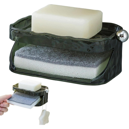 Savoniera Dubla, Flippy, 2 Straturi, Instalare fara Perforare, Agatatoare Burete, 13.5 x 8.5 x 6 cm, Verde Inchis [2]