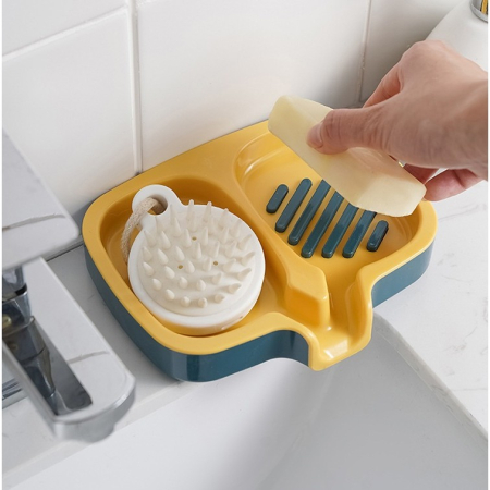 Savonieră Dublă, Flippy, cu Sistem de Scurgere a Apei, din ABS, pentru 2 Săpunuri, Design Ventilat pentru Uscare Rapidă, 14.5 x 18 x 3 cm, Albastru/Galben [4]