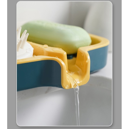 Savonieră Dublă, Flippy, cu Sistem de Scurgere a Apei, din ABS, pentru 2 Săpunuri, Design Ventilat pentru Uscare Rapidă, 14.5 x 18 x 3 cm, Albastru/Galben [3]