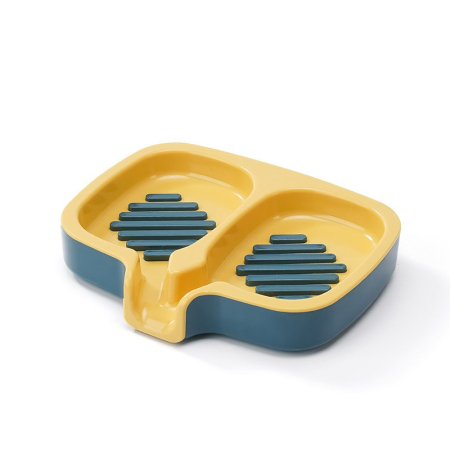 Articole Pentru Baie - Savonieră Dublă, Flippy, cu Sistem de Scurgere a Apei, din ABS, pentru 2 Săpunuri, Design Ventilat pentru Uscare Rapidă, 14.5 x 18 x 3 cm, Albastru/Galben