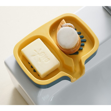 Savonieră Dublă, Flippy, cu Sistem de Scurgere a Apei, din ABS, pentru 2 Săpunuri, Design Ventilat pentru Uscare Rapidă, 14.5 x 18 x 3 cm, Albastru/Galben [2]