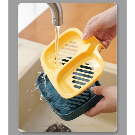 Savonieră Dublă, Flippy, cu Sistem de Scurgere a Apei, din ABS, pentru 2 Săpunuri, Design Ventilat pentru Uscare Rapidă, 14.5 x 18 x 3 cm, Albastru/Galben [1]