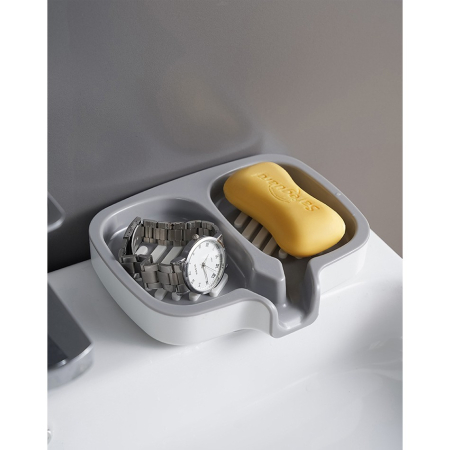 Savonieră Dublă, Flippy, cu Sistem de Scurgere a Apei, din ABS, pentru 2 Săpunuri, Design Ventilat pentru Uscare Rapidă, 14.5 x 18 x 3 cm, Gri/Alb [3]