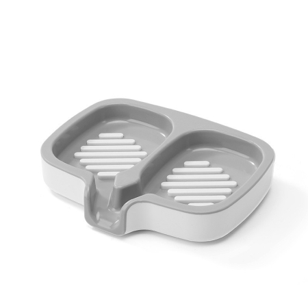 Articole Pentru Baie - Savonieră Dublă, Flippy, cu Sistem de Scurgere a Apei, din ABS, pentru 2 Săpunuri, Design Ventilat pentru Uscare Rapidă, 14.5 x 18 x 3 cm, Gri/Alb