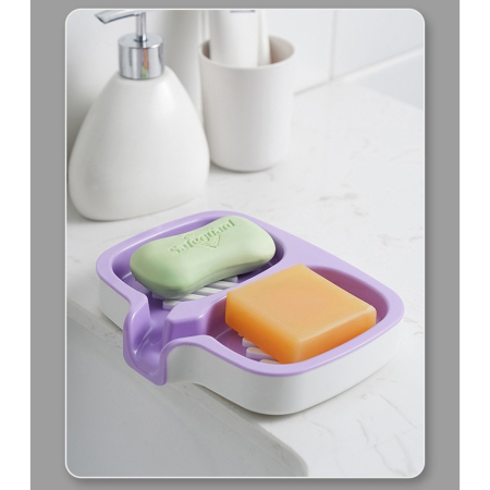 Savonieră Dublă, Flippy, cu Sistem de Scurgere a Apei, din ABS, pentru 2 Săpunuri, Design Ventilat pentru Uscare Rapidă, 14.5 x 18 x 3 cm, Mov/Alb [2]