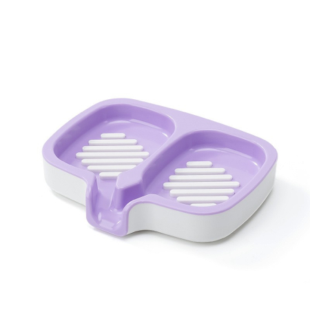 Articole Pentru Baie - Savonieră Dublă, Flippy, cu Sistem de Scurgere a Apei, din ABS, pentru 2 Săpunuri, Design Ventilat pentru Uscare Rapidă, 14.5 x 18 x 3 cm, Mov/Alb