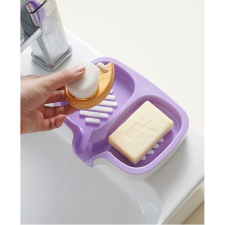 Savonieră Dublă, Flippy, cu Sistem de Scurgere a Apei, din ABS, pentru 2 Săpunuri, Design Ventilat pentru Uscare Rapidă, 14.5 x 18 x 3 cm, Mov/Alb [1]