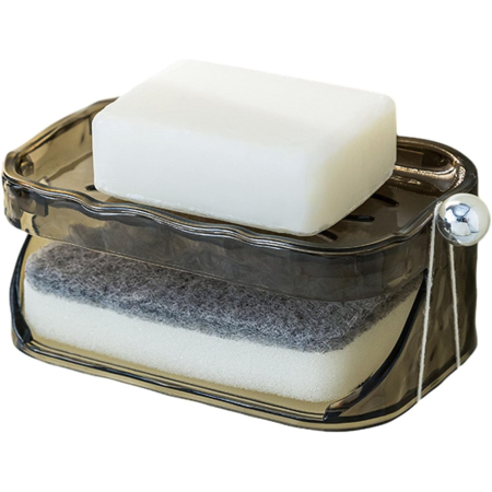 Articole Pentru Baie - Savoniera Dubla Flippy EasyDry, 2 Straturi, cu Suport pentru Burete, Montare Fara Gaurire, 13.5 x 8.5 x 6 cm, Gri