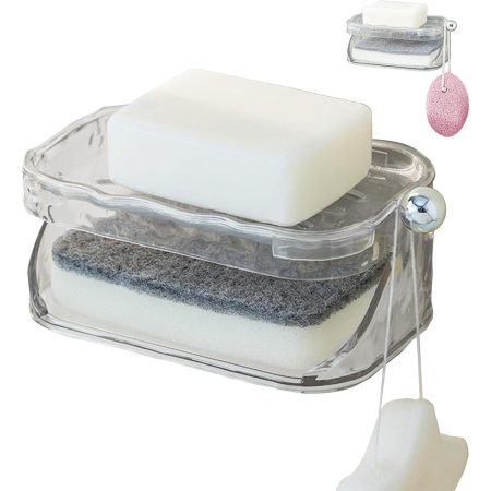 Savoniera Dubla Flippy EasyDry, 2 Straturi, cu Suport pentru Burete, Montare Fara Gaurire, 13.5 x 8.5 x 6 cm, Transparent [1]