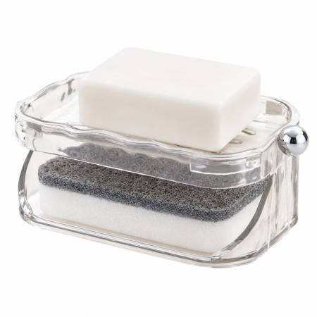 Articole Pentru Baie - Savoniera Dubla Flippy EasyDry, 2 Straturi, cu Suport pentru Burete, Montare Fara Gaurire, 13.5 x 8.5 x 6 cm, Transparent