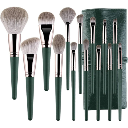 Set 14 Pensule de Machiaj Flippy cu Peri Moi, Husa si Suport pentru Depozitare, Pensule pentru Fata si Ochi, Verde [3]