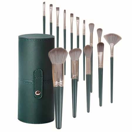 Pensula Machiaj - Set 14 Pensule de Machiaj Flippy cu Peri Moi, Husa si Suport pentru Depozitare, Pensule pentru Fata si Ochi, Verde