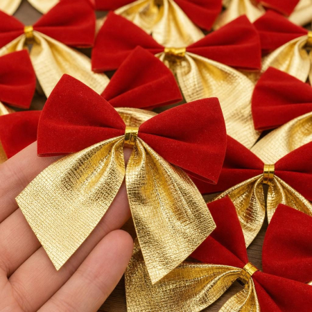 Set 24 Fundite Decorative pentru Brad de Craciun, Flippy, Rosu-Auriu, din Poliester, Decoratiuni Festive, 5 x 6 cm [3]