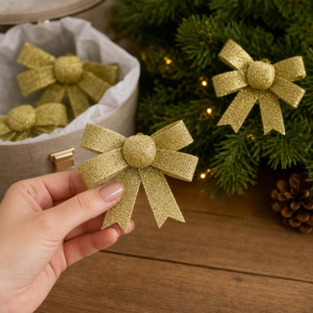 Set 3 Fundite Decorative pentru Brad de Craciun, Flippy, cu Sclipici, din Poliester, Decoratiuni Festive, 10 x 11 cm, Auriu [4]