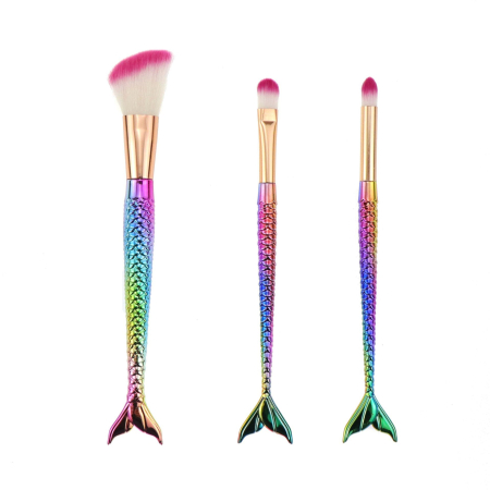Pensula Machiaj - Set 3 Pensule pentru Machiaj Flippy, in Forma de Sirena, Electroplacate, Detalii Fine, Maner Ergonomic, Peri din Fibra Moale, Multicolor