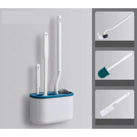 Set 3 Perii pentru Toaleta, Flippy, din Silicon, Perie Zimtata, Cap Flexibil, Suport Adeziv pentru Montarea pe Perete, 39 x 19 x 9.8 cm, Albastru/Alb [1]