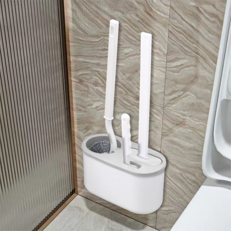 Set 3 Perii pentru Toaleta, Flippy, din Silicon, Perie Zimtata, Cap Flexibil, Suport Adeziv pentru Montarea pe Perete, 39 x 19 x 9.8 cm, Gri/Alb [3]