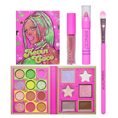 Trusa Machiaj - Set 4 Produse de Machiaj, KEVIN & COCO, Green Cool Girl, 18 Culori, Farduri de Ochi Mate, Sidefate și Glitter, Iluminatoare, Produse pentru Conturare, Luciu de Buze și Pensulă Inclusă, Multicolor, 20.